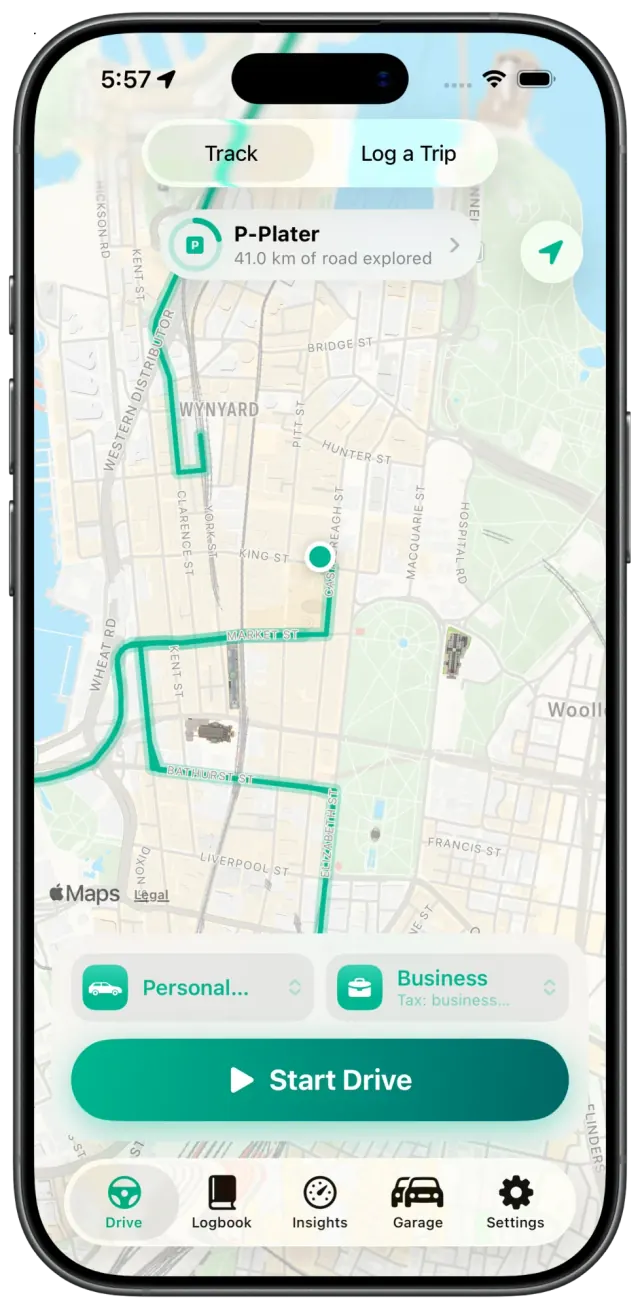 Kilometa on iPhone showing a drive on the map with the Start Drive button