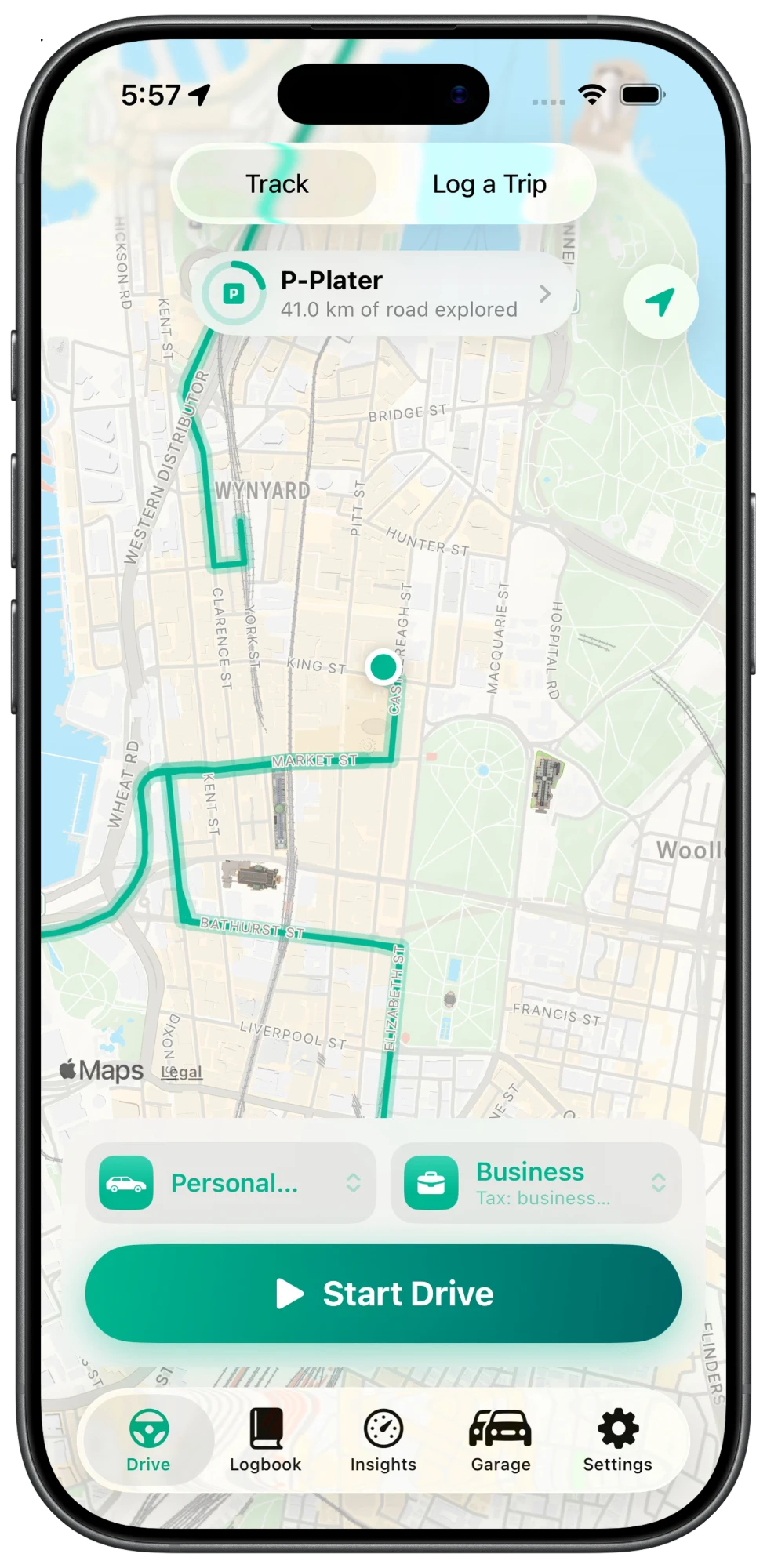 Kilometa on iPhone showing a drive on the map with the Start Drive button