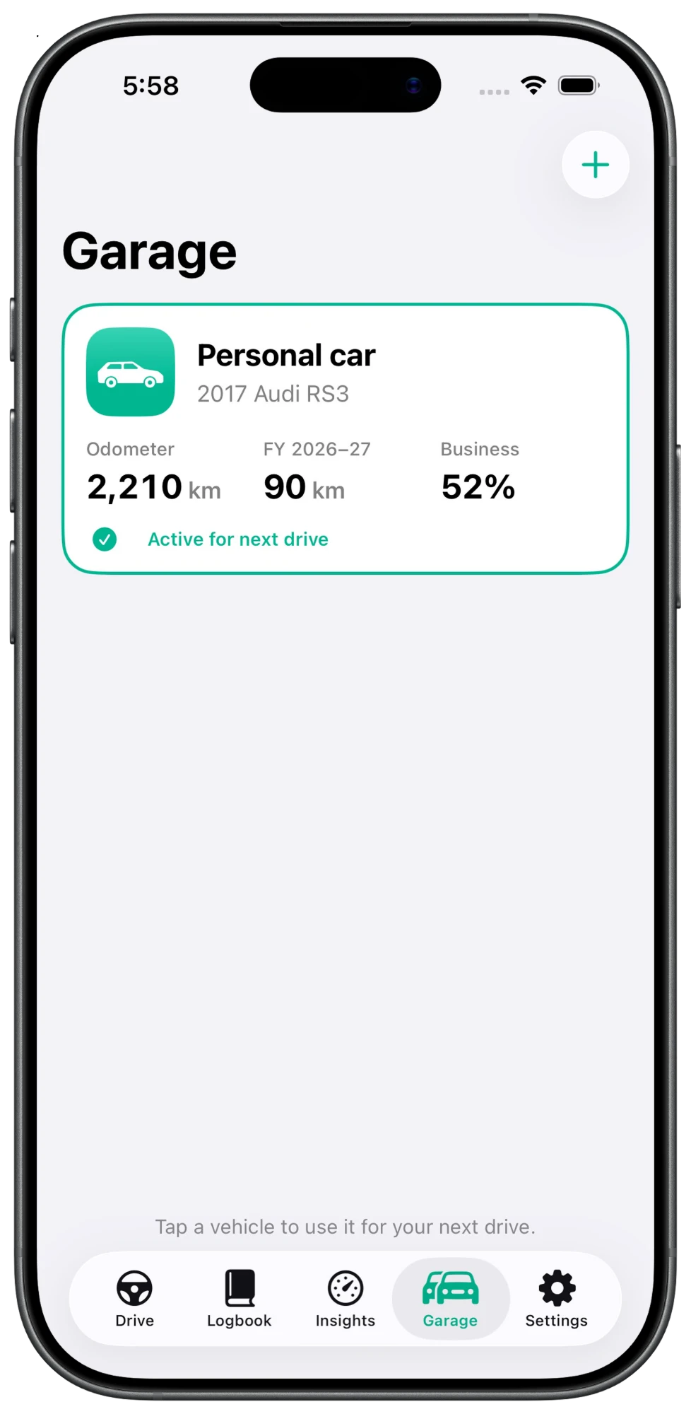 Kilometa Garage screen showing a car with its odometer, kilometres this financial year and business use