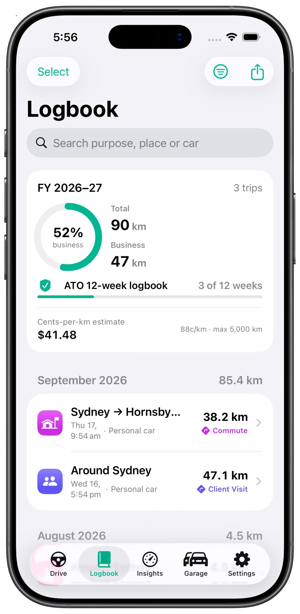 Kilometa Logbook screen showing 52 percent business use, 3 of 12 weeks done and a list of trips
