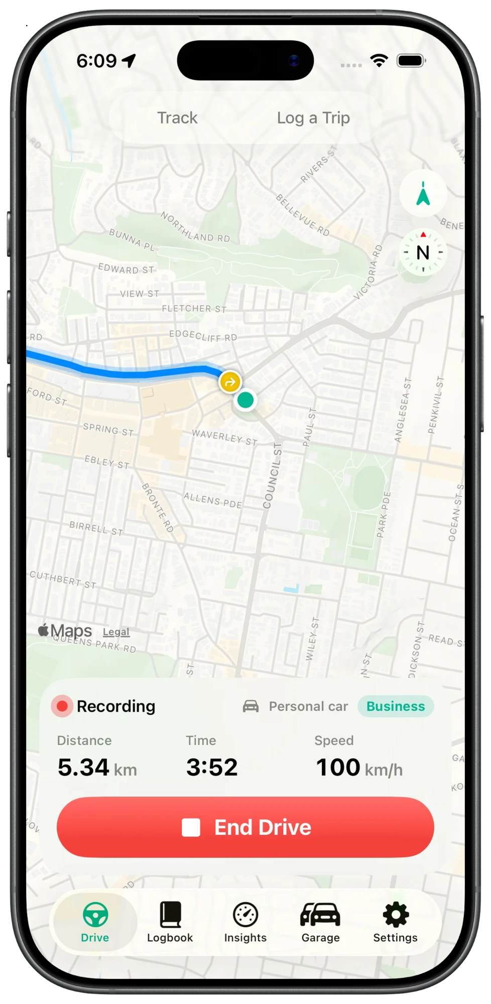 Kilometa recording a drive, showing distance, time and speed with an End Drive button