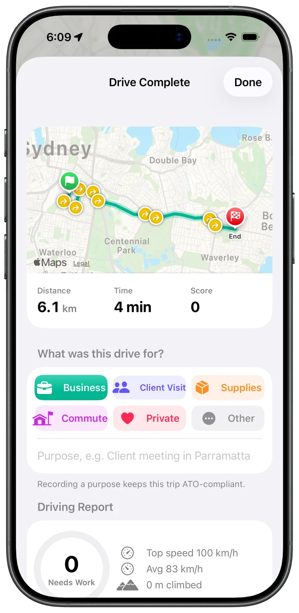 Kilometa Drive Complete screen with the route, distance, time and buttons to choose what the trip was for